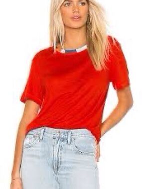 Splendid Linen Short Sleeve Tee in Red with Multicolor Neck Trim